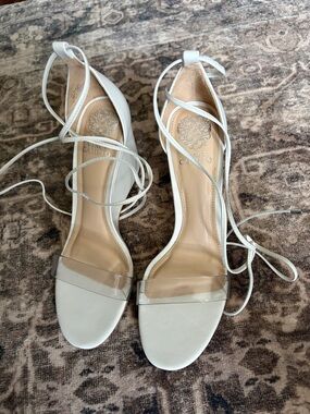 Vince Camuto White Lace-Up Heeled Sandals with Clear Strap